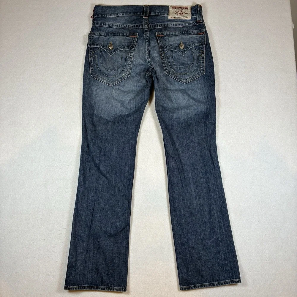 True Religion Ricky Straight Flap Men 33 x 33 Blue Distressed 100% Cotton Jeans